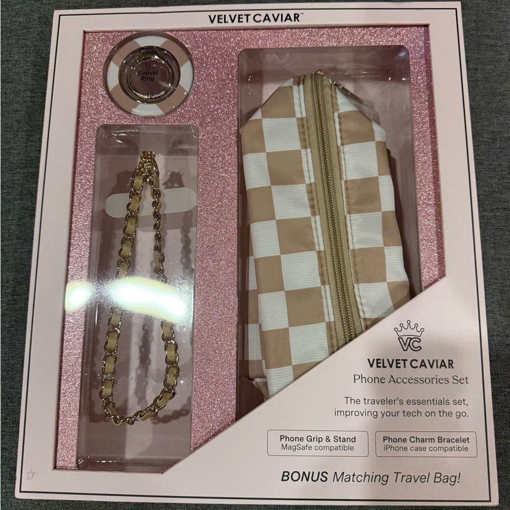 Velvet Caviar Checkered Phone Accessories Set in Cream and Tan